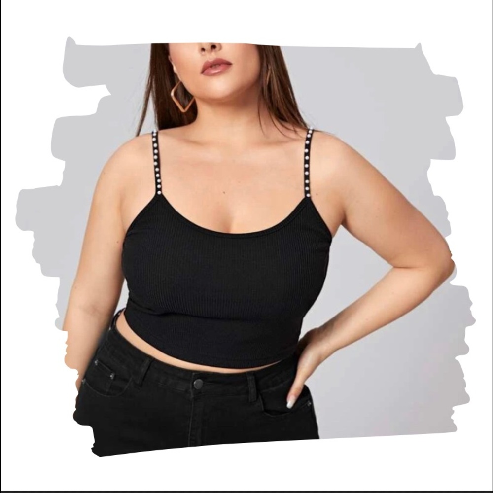 Plus Size Rib-knit Pearl detailed straps Crop Top